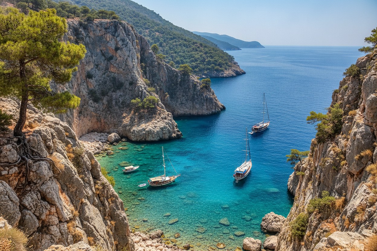 Rüzgârdan korunaklı, berrak sulu Kaş koyu
